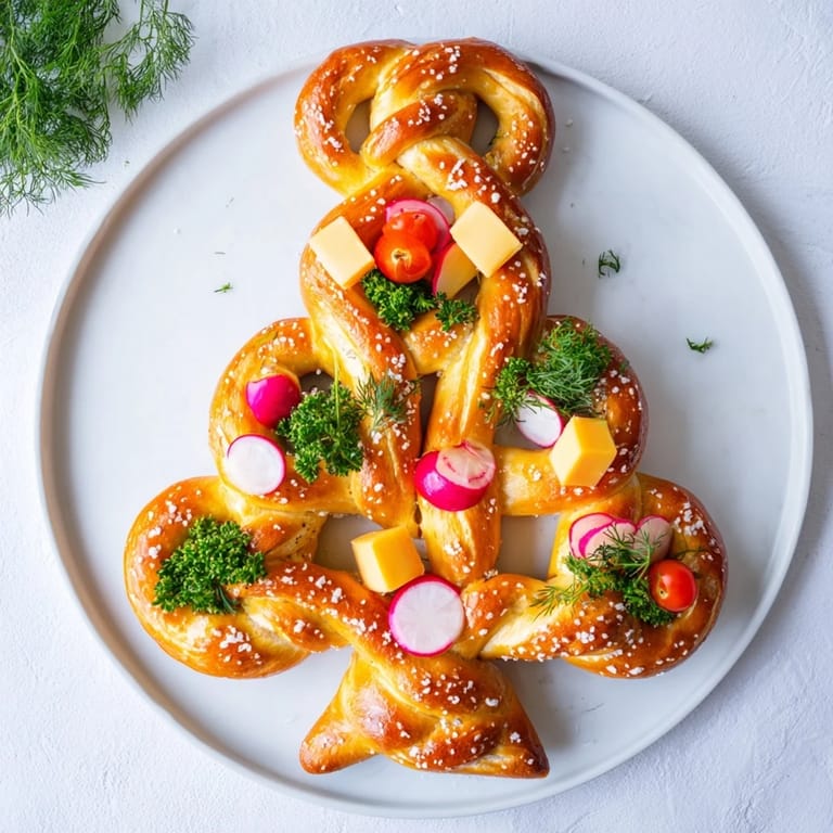 A close-up of pretzel tree, Bretzel Arbre de Vie, showcasing soft pretzels and fresh vegetable garnishes.