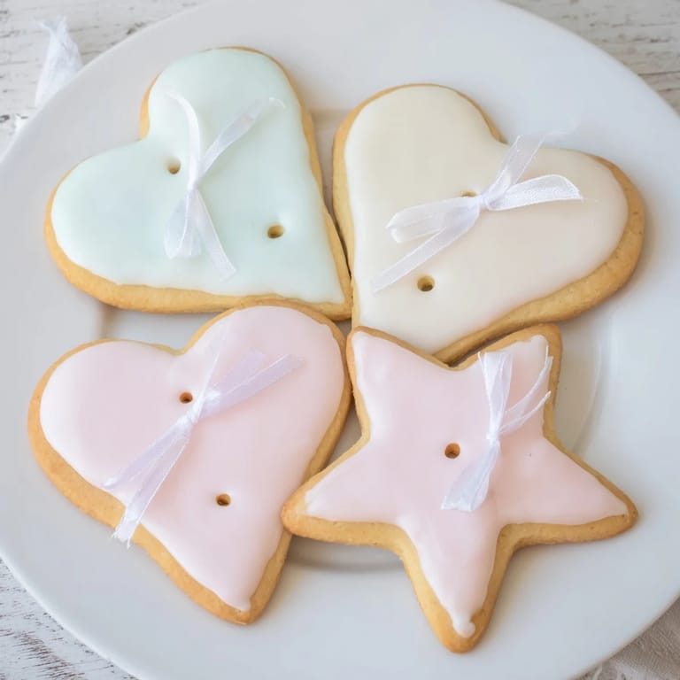 Festive plate of buttery Mignonneries Coeurs et Étoiles, decorated with icing and ready for a treat.