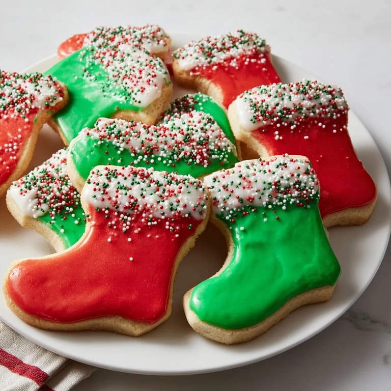 Close-up of frosted Christmas Boot-Shaped Delights with colorful sprinkles, a delightful treat for everyone to enjoy.