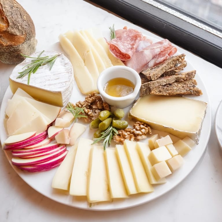 This Winter Mountain Cheese Platter showcases rich cheeses, cured meats, and fresh fruit for enjoyment.