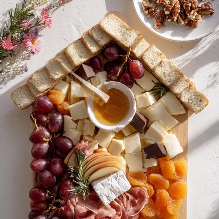 A bountiful Sweet Home Charcuterie Board, arranged artfully with honey, chocolate, and crisp apple slices.