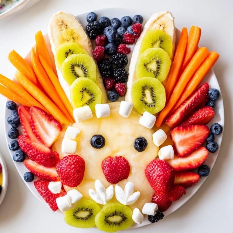 Colorful Easter Bunny Face Fruit Salad arranged with fresh fruit, including kiwi, berries, and sliced bananas.