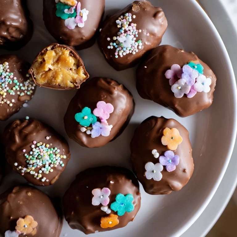 A close-up of a festive Easter candy: Decorated egg candy display, drizzled in rich chocolate.