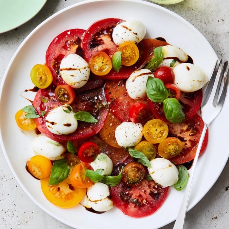 Bright, colorful Starfish Caprese Salad, a summery treat with halved cherry tomatoes and olive oil.
