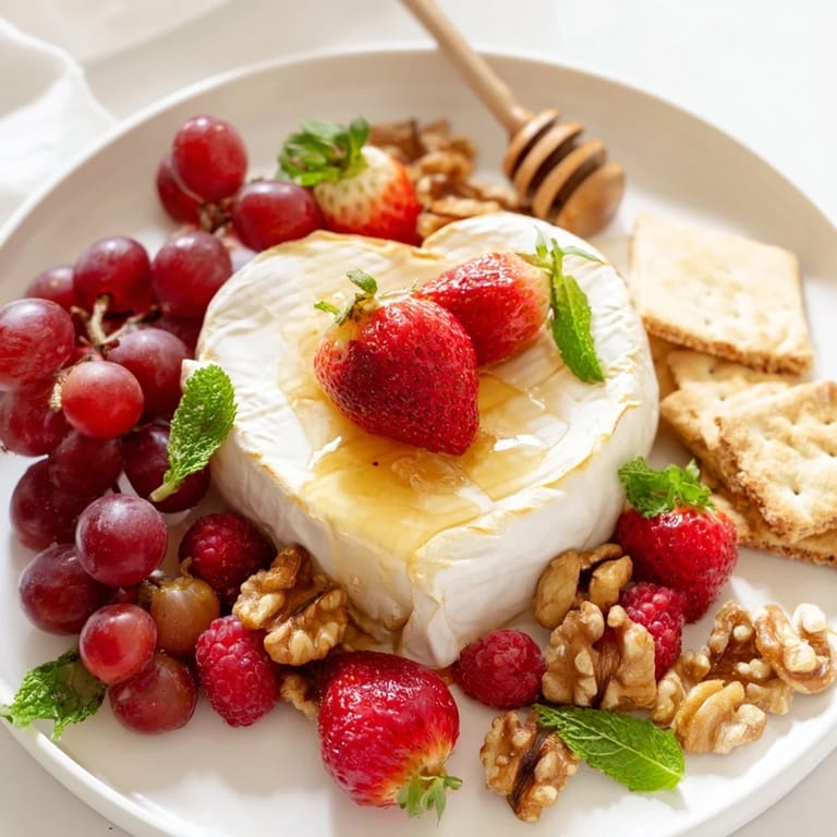 This Sweetheart Brie and Jam Board showcases a romantic spread with soft Brie cheese, colorful fruits, and jams.