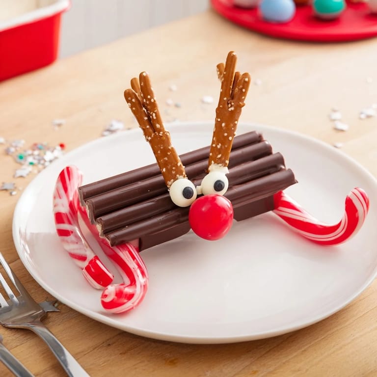 Adorable Rudolph Candy Cane Sleds, featuring a chocolate bar base and candy cane runners—perfect for holiday dessert.