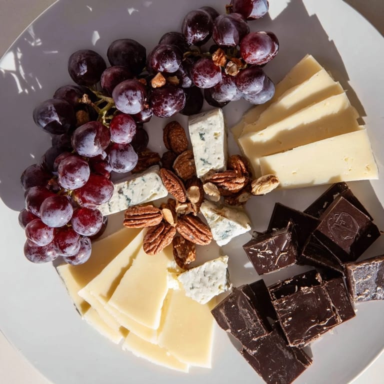A beautifully arranged "Grapes of Fortune" platter: a selection of fresh grapes, cheeses, and decadent sweets awaits.