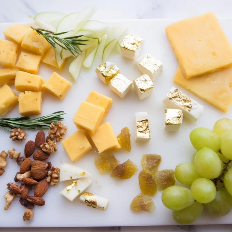 A visually appealing Gold and Silver Cheese Cube Board includes creamy, golden cheeses with fresh, colorful garnishes.