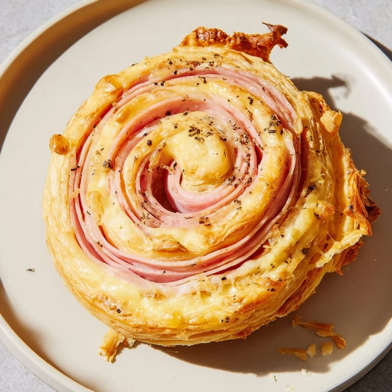 Close up shot of fresh Ham and Cheese Pinwheel Rolls, ready to eat, with crispy edges and savory flavors.