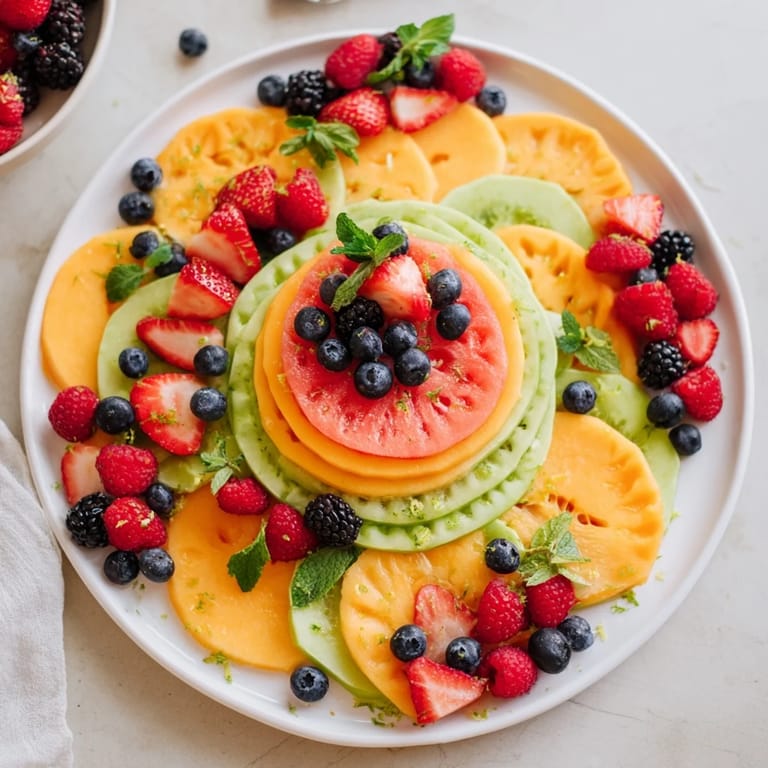 A beautifully arranged fruit platter showcasing colorful melon rounds and mixed berries, perfect for sharing.
