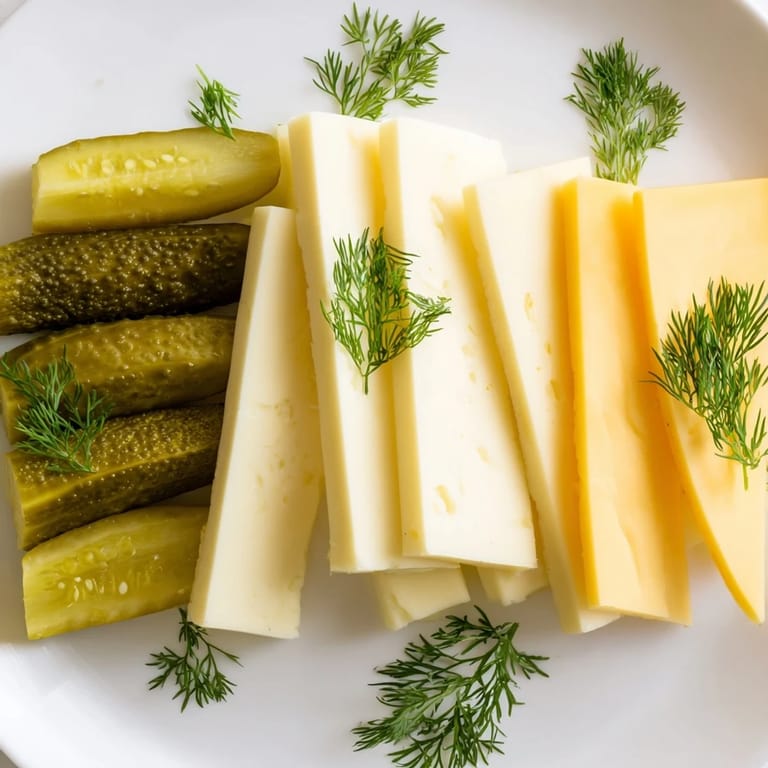 A colorful platter of refreshing dill pickles and sliced cheeses, ready to be enjoyed as a snack.