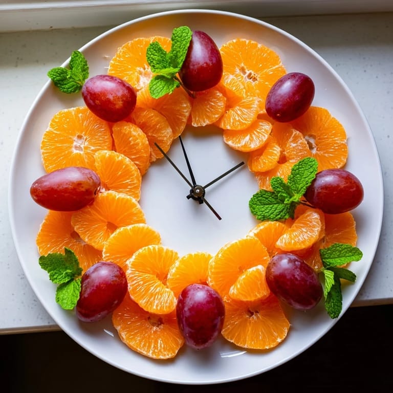 Fresh orange and grape slices arranged like a clock, perfect for kids' brunch or a snack.