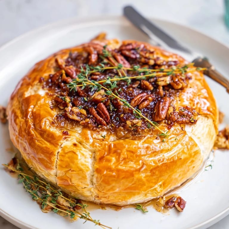 Melting, gooey Baked Brie with Fig Jam served with crackers, ready for dipping and enjoying.
