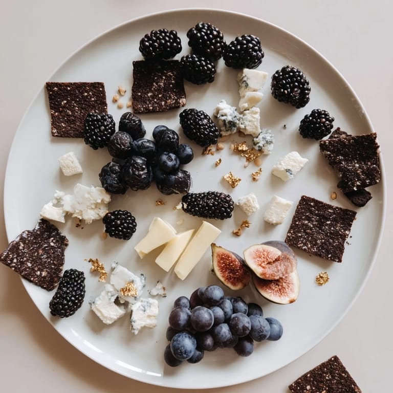 This gorgeous Deep Indigo Midnight Sky cheese board is artfully arranged with starlike cheese and dark fruits.