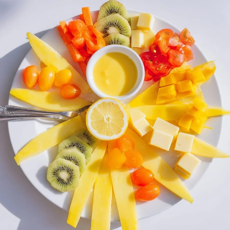 A vibrant Sunny Yellow Citrus Burst grazing board features sliced fruit, cheeses, and dips, ready to serve.