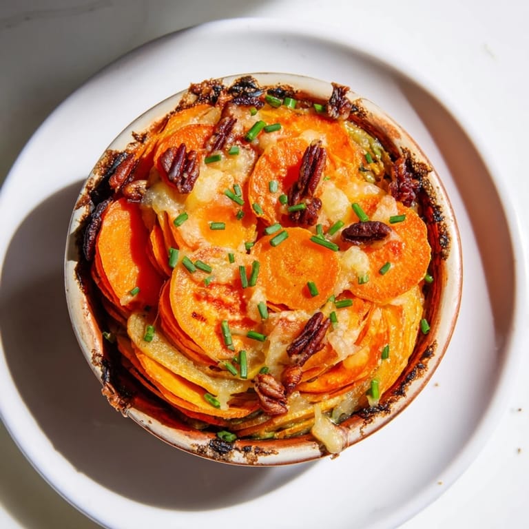 Golden-topped Copper Penny Warmth with sweet potatoes, apricots, and pecans, ready to serve.