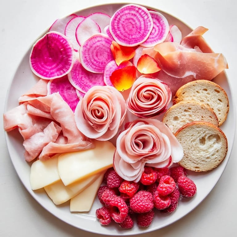 This elegant Pink Petal Watercolor Wash appetizer platter includes pink cheese, berries, and baguette slices.