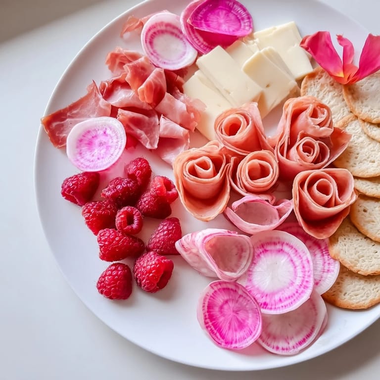 Prepare to savor the beautiful Pink Petal Watercolor Wash with layers of artisan cheeses and delicious fruits.