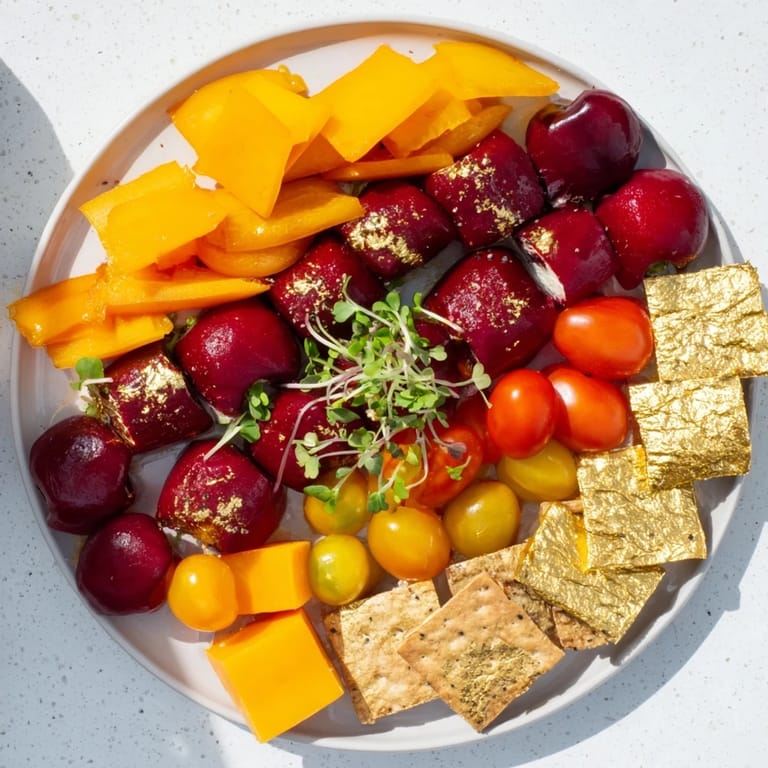 An appetizing view: the Crimson & Gold Gala has contrasting red fruits with golden vegetables and crackers.