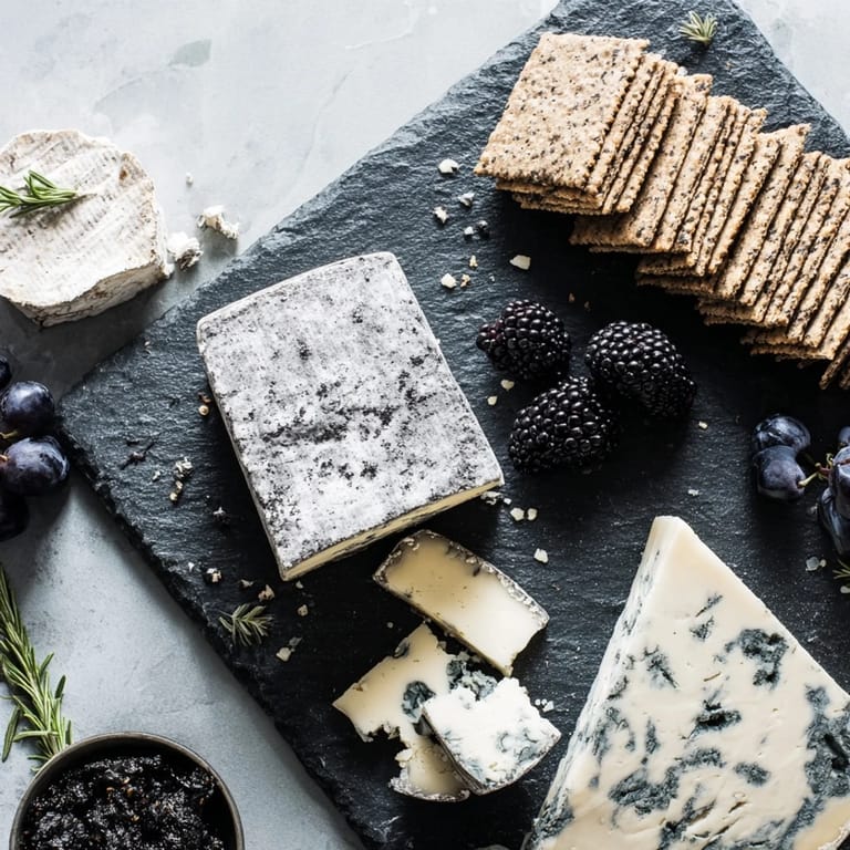 A delicious view of a Monochrome Gray Stone Cheese Board with charcoal crackers and an olive spread.