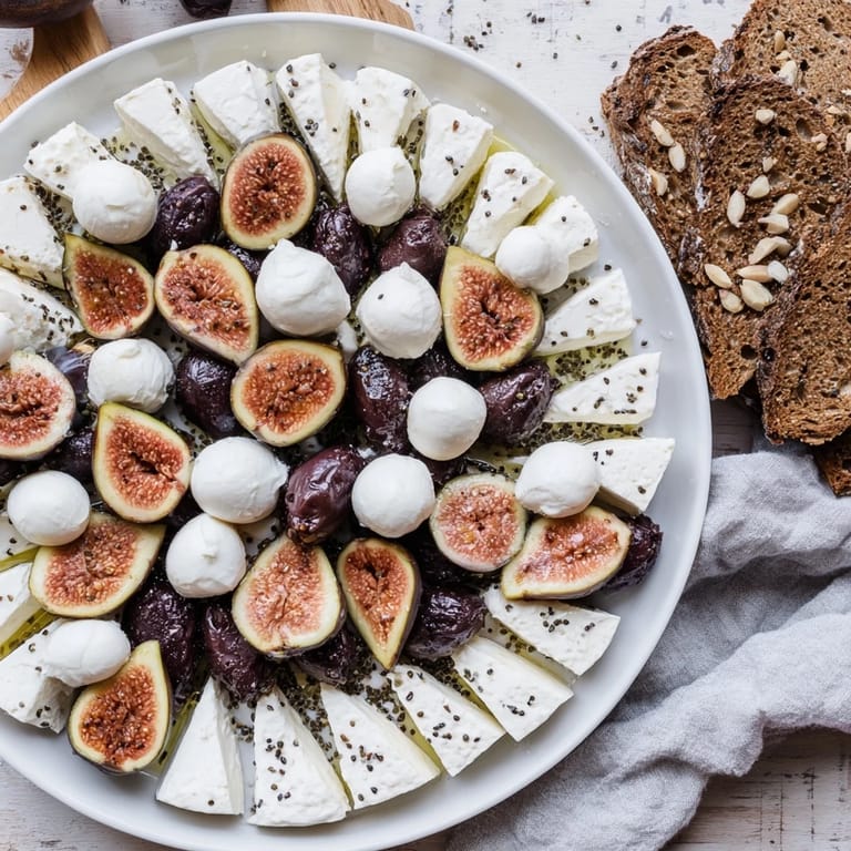 Visually stunning Black and White Formal Affair appetizer, with geometric contrast of cheese and olives on rye bread.