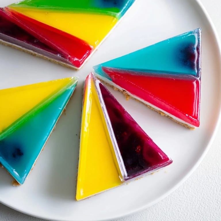 Delicious The Kaleidoscope dessert with a beautiful cross-section, revealing bright fruit puree layers.