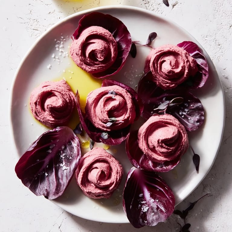 A delicious Vegan The Velvet Rose appetizer displays roasted beet hummus in artful, decorative servings.