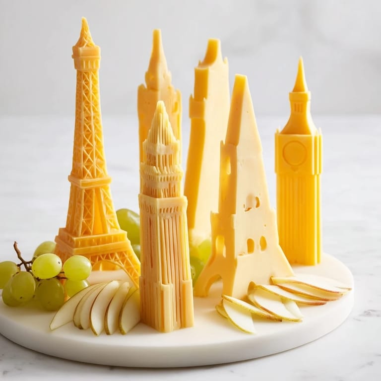 A delicious Skyline Silhouette cheese arrangement: enjoy various cheeses shaped into building silhouettes with fruit.