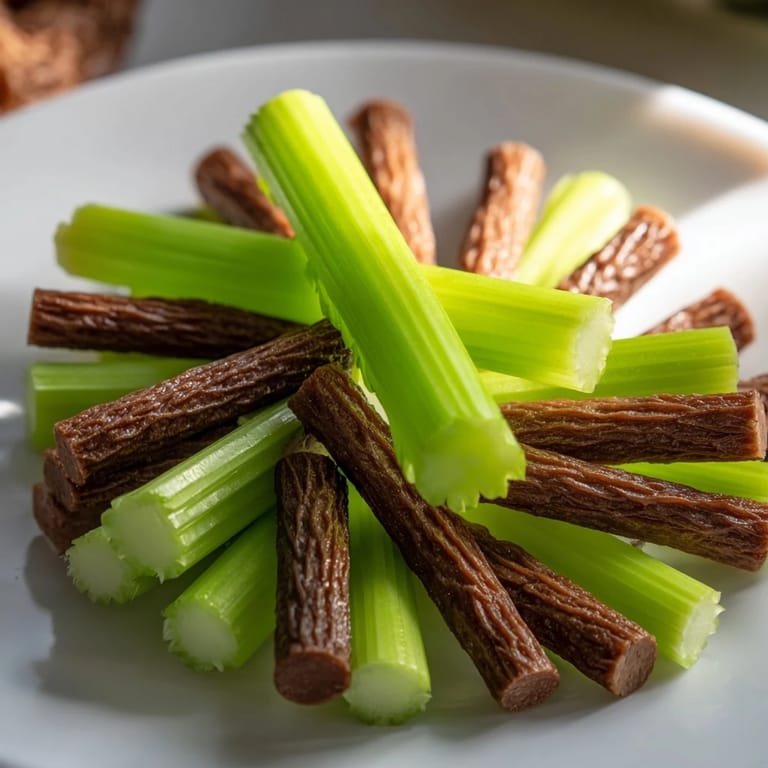 Enjoy the visually exciting rustic wheel platter—a low-carb, gluten-free treat with delicious meat sticks and celery.
