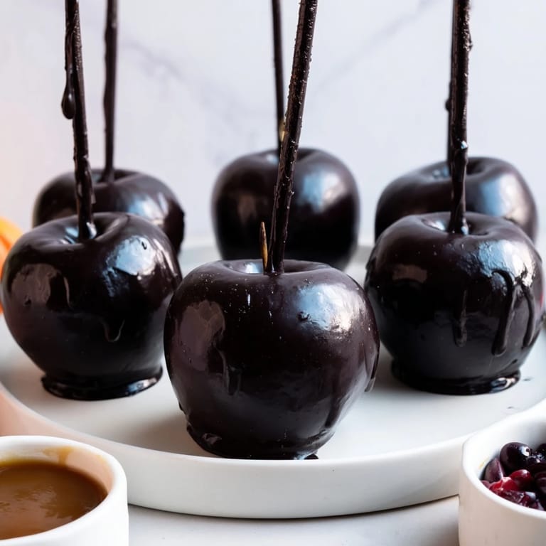 A delicious poison apple board offers an array of sweets, including black apples and chocolate for Halloween.