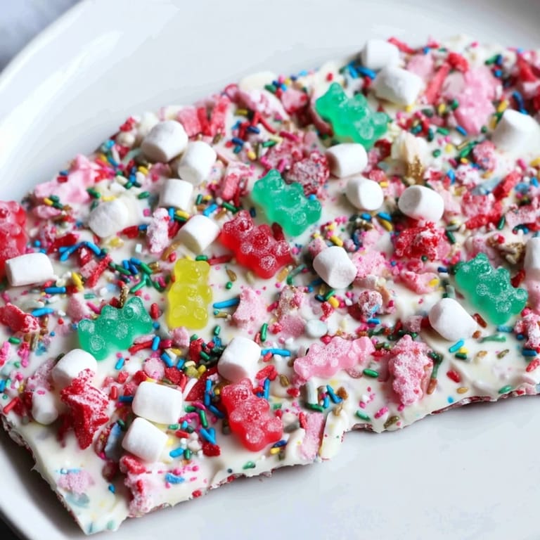 Homemade gummy bear candy cane bark, a delightful dessert with vibrant colors and delightful textures.