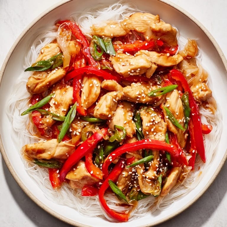 Savory Mongolian Chicken stir-fry, with chicken and vegetables, served with a garnish of sesame seeds.