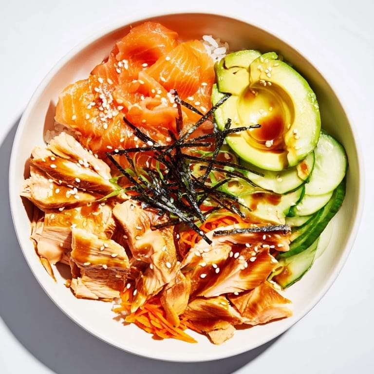 A beautifully arranged Japanese-Style Salmon & Chicken Rice Bowl, showcasing rice, fresh salmon, and crisp veggies.