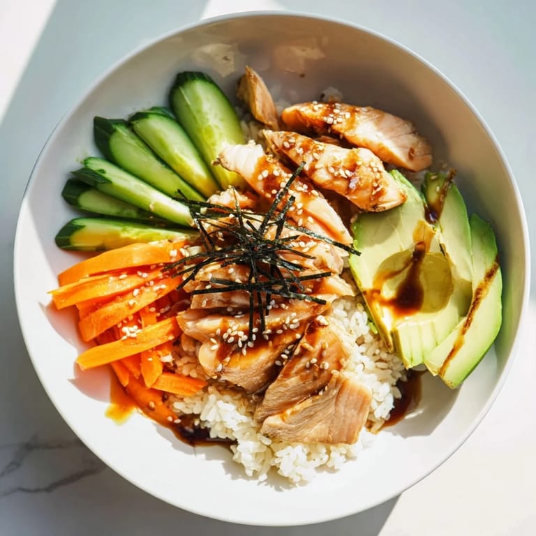 Steaming Japanese-Style Salmon & Chicken Rice Bowl with a glistening drizzle of sauce and sesame seeds.