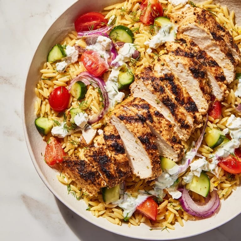 A close-up of a Greek Chicken Gyro Pasta Bowl showcasing tender chicken, orzo, and fresh veggies.