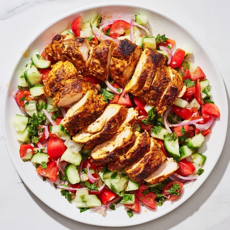 A freshly plated Chicken Shawarma Salad with vibrant vegetables and tender chicken, ready to be enjoyed.
