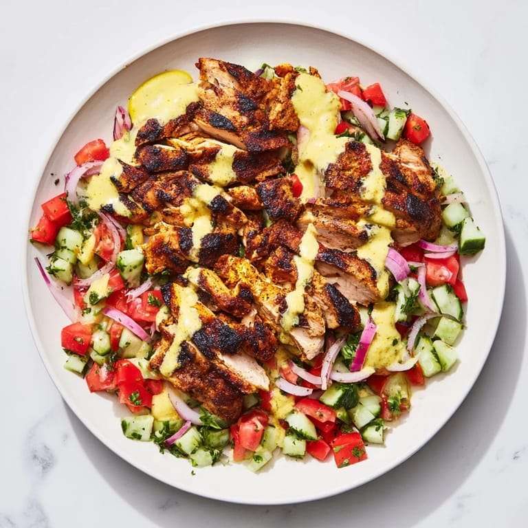 Imagine the textures: succulent chicken shawarma atop a refreshing salad, finished with drizzled tahini dressing.