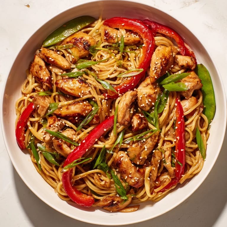 Tender ground chicken and vibrant vegetables, enrobed in a rich hoisin sauce, is this sesame pasta.