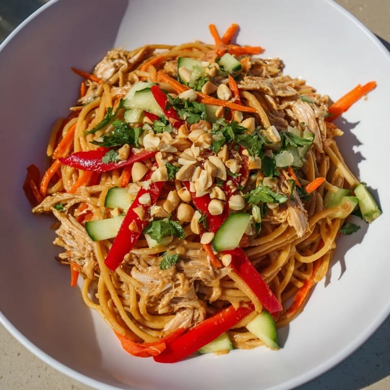 A bowl of fresh Thai-Inspired Peanut Chicken Pasta, showing tender chicken paired with colorful vegetables.