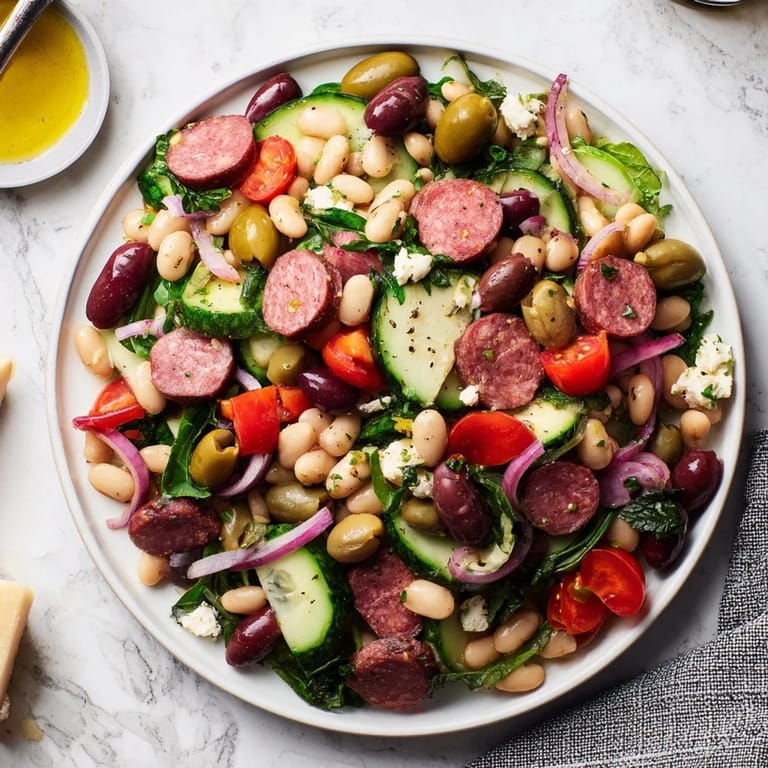 Vibrant overhead shot: Mediterranean Dense Bean Salad with Salami, a perfect picnic or meal option with fresh ingredients.
