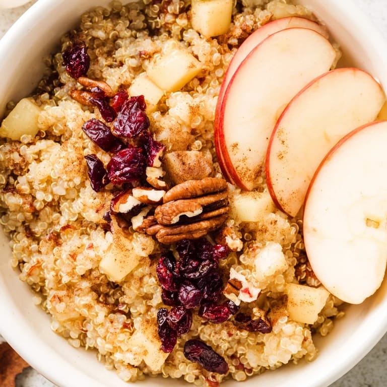 Steaming Apple Cinnamon Quinoa Bowl, a healthy breakfast topped with crunchy walnuts and sweet raisins.