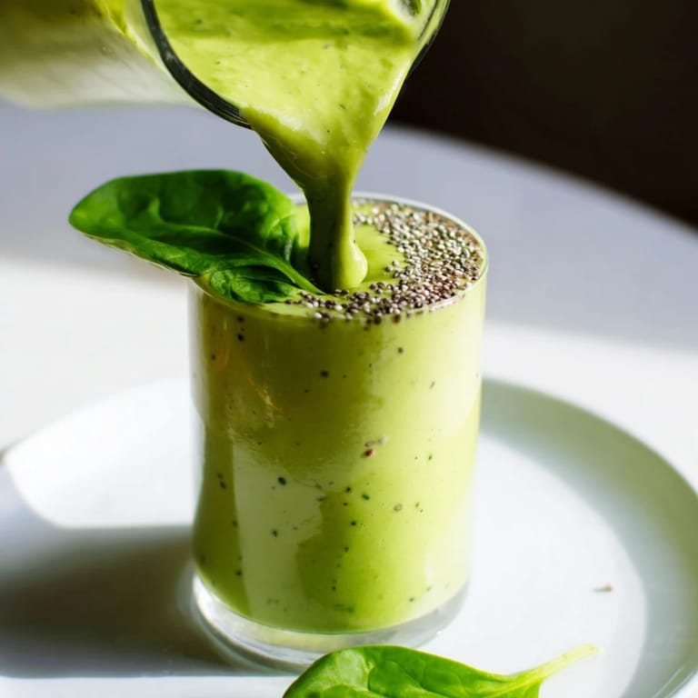Creamy, vibrant Spinach Avocado Smoothie, freshly blended and served in a tall glass, healthy and delicious.