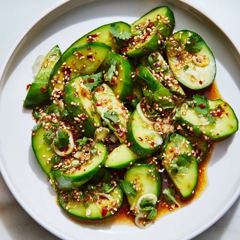 Close-up of a refreshing, Asian-inspired Zesty Shake Cucumber Salad, ready to serve with sesame seeds.