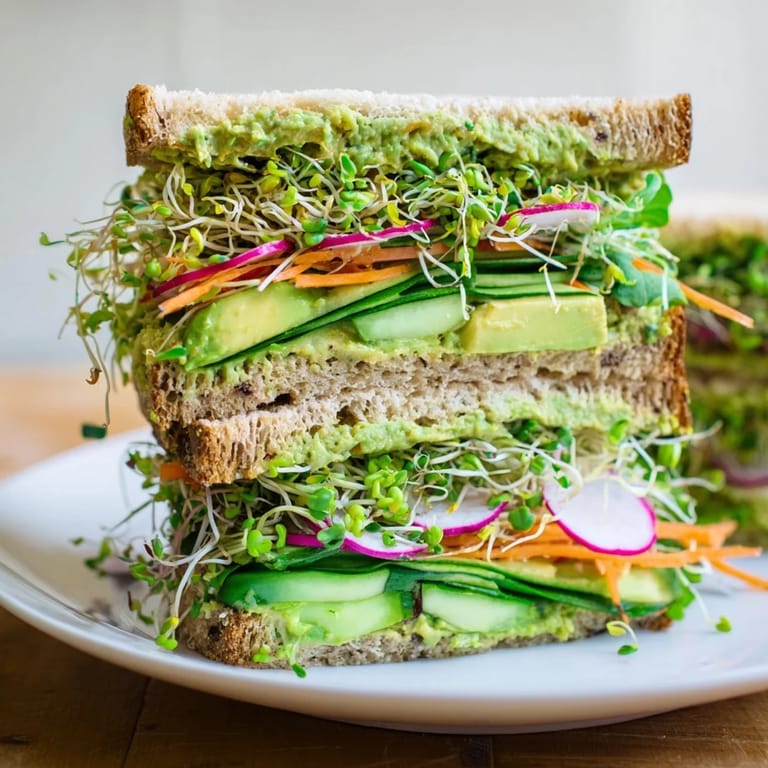 Golden-toasted bread holds a colorful Green Goddess Sandwich, overflowing with healthy, fresh ingredients.