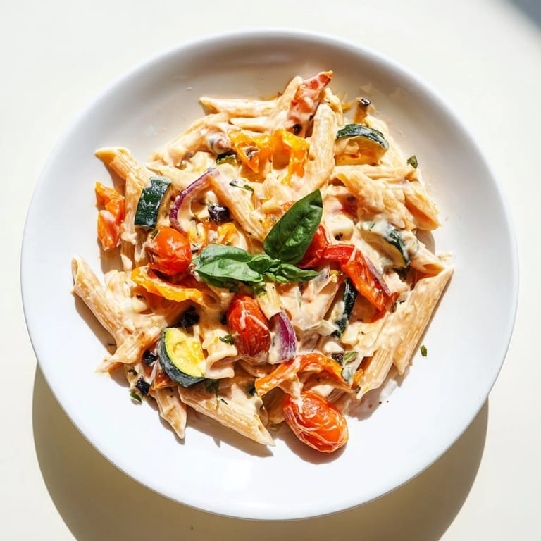 Delicious, whole-grain baked feta pasta, ready to serve with fresh basil for a Mediterranean treat.