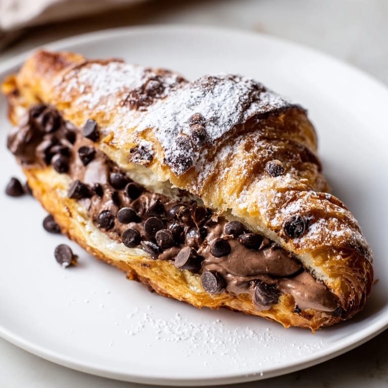 Buttery, flaky croissant filled with gooey cookie dough, ready for a sweet Cookie Croissant dessert.