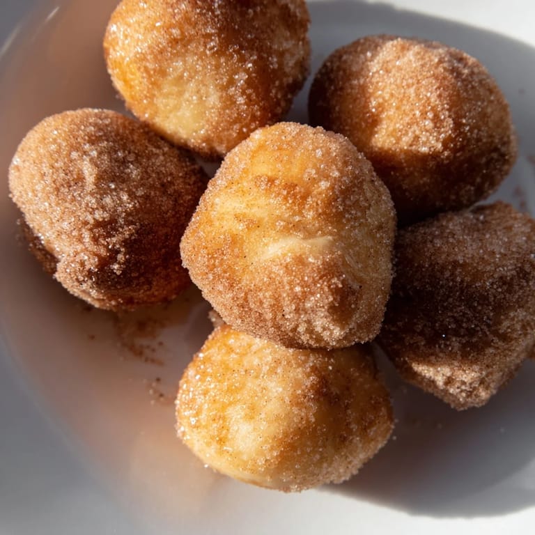 Close-up of small, air fryer cinnamon donuts, showcasing their soft interior dusted with cinnamon sugar.