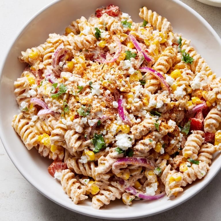 This vibrant Mexican Street Corn Pasta is filled with grilled corn and creamy dressing.