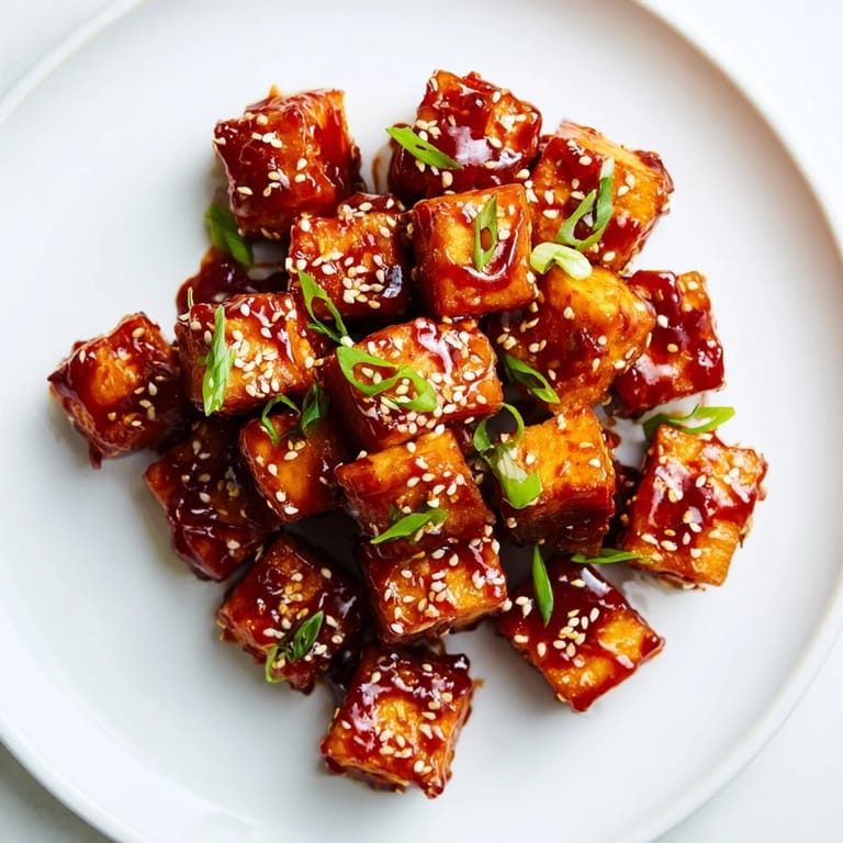 Crispy tofu coated in honey gochujang sauce: a Korean-inspired, easy vegetarian meal.