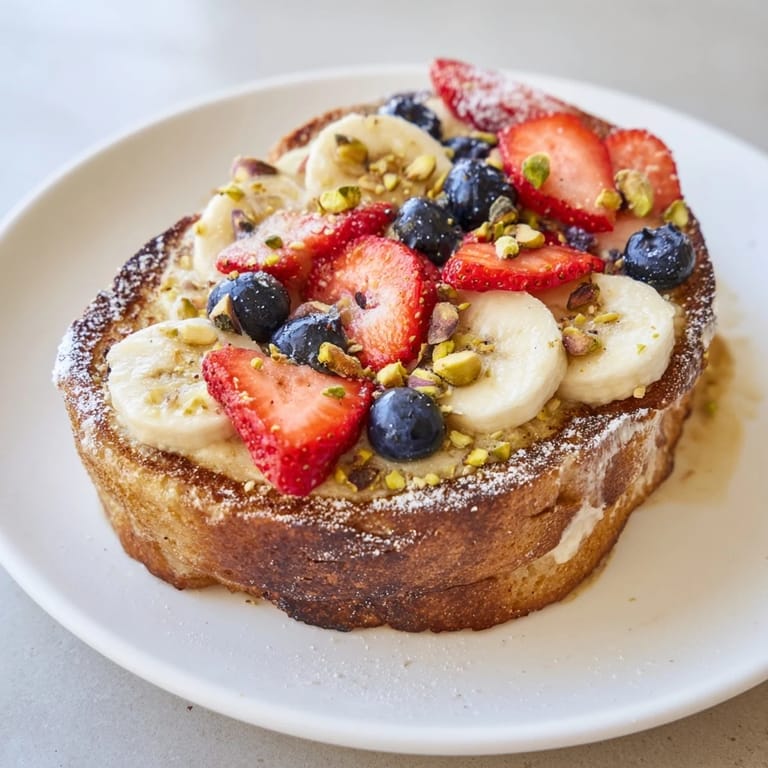 A close-up of baked Viral Yogurt Toast, showing the rich, eggy custard and fresh fruit topping.